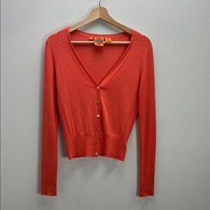 Tory Burch Orange Silk Cashmere Cardigan Sweater Gold Buttons Womens Small